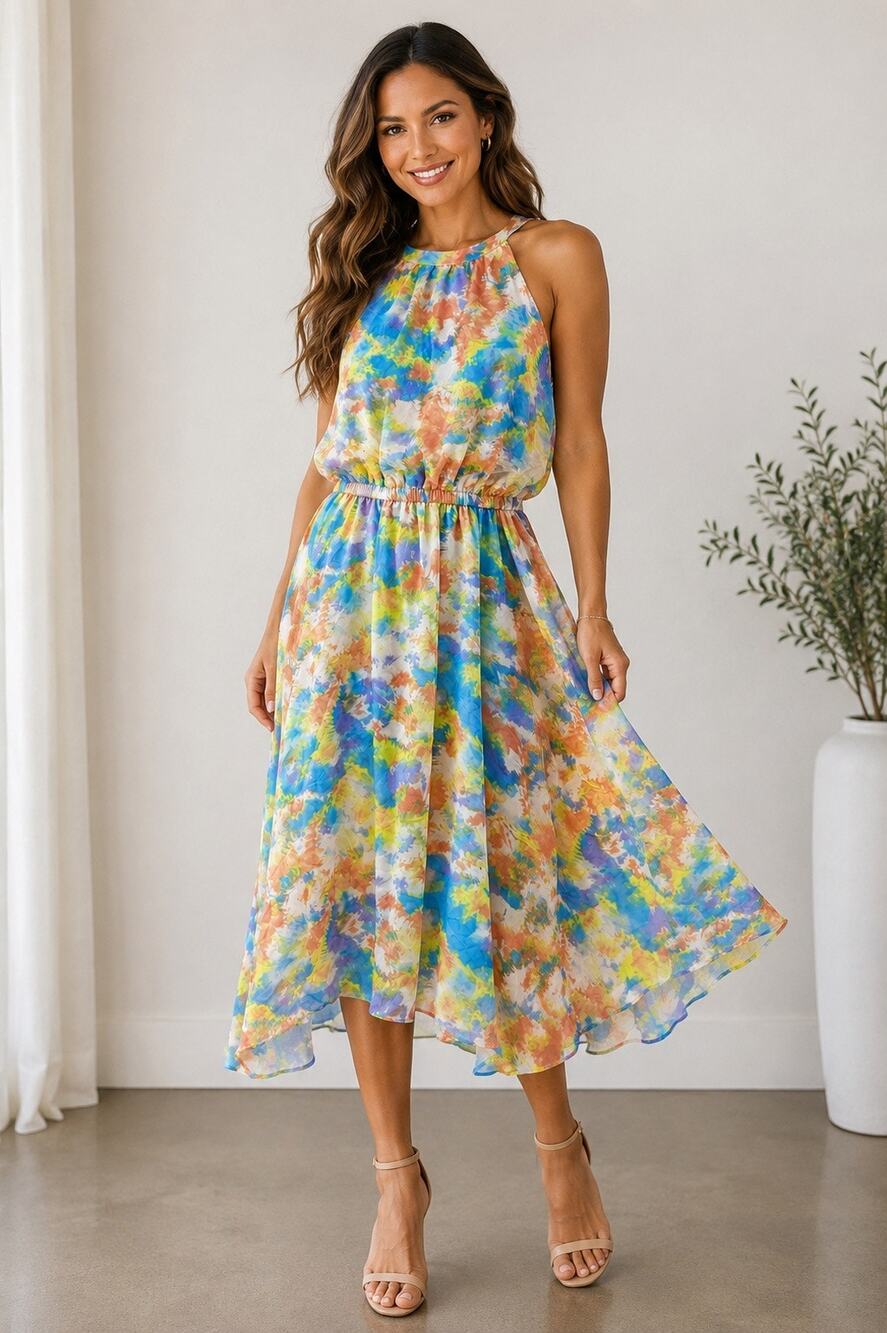 BCBGeneration Tie Dye Halter Midi Dress Women’s Large Fit & Flare Colorful